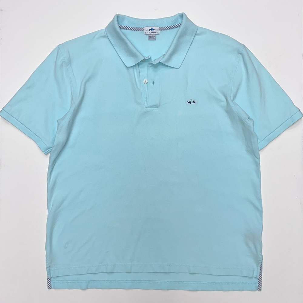 Men’s Light Blue Fish Hippie Polo Shirt, Size Large